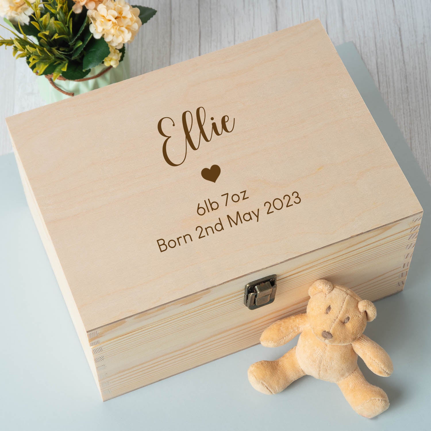 Personalised New Baby Heart Large Wooden Memory Box - Wooden Keepsake Box