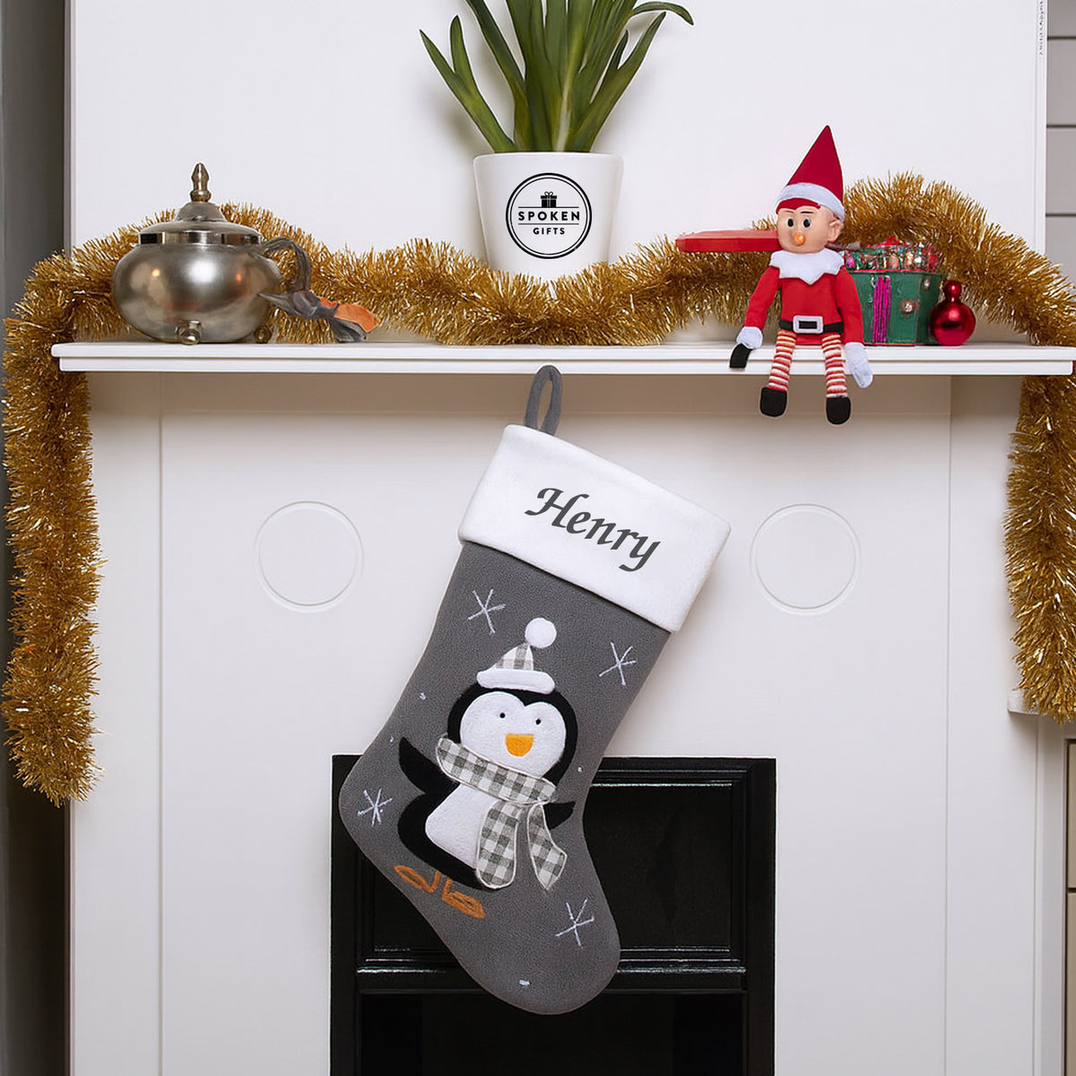 Personalised Penguin Grey Deluxe Christmas Stocking - Stockings