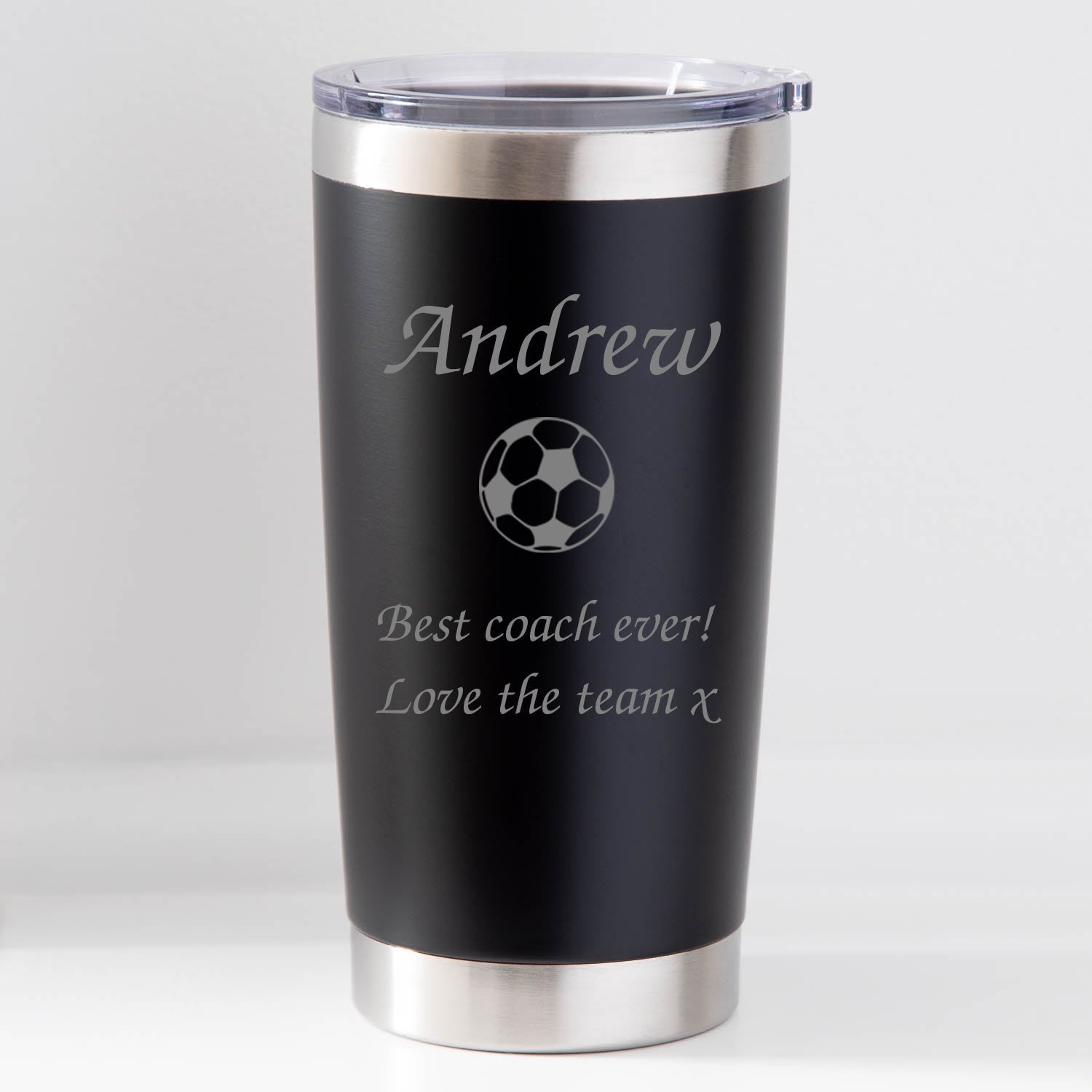 Personalised Football Insulated Cup | Engraved Name & Message - Black - Thermos Water Bottles