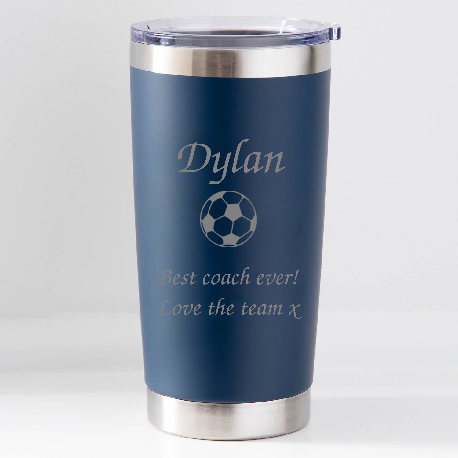 Personalised Football Insulated Cup | Engraved Name & Message - Dark Blue - Thermos Water Bottles