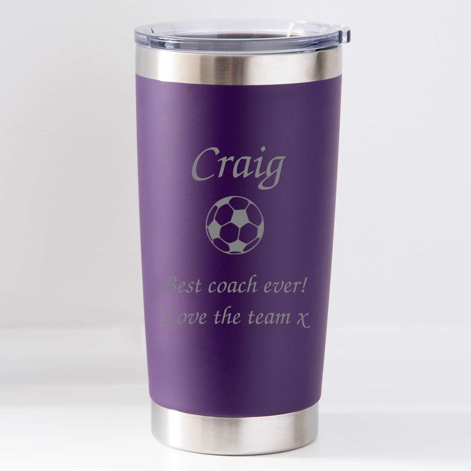 Personalised Football Insulated Cup | Engraved Name & Message - Purple - Thermos Water Bottles