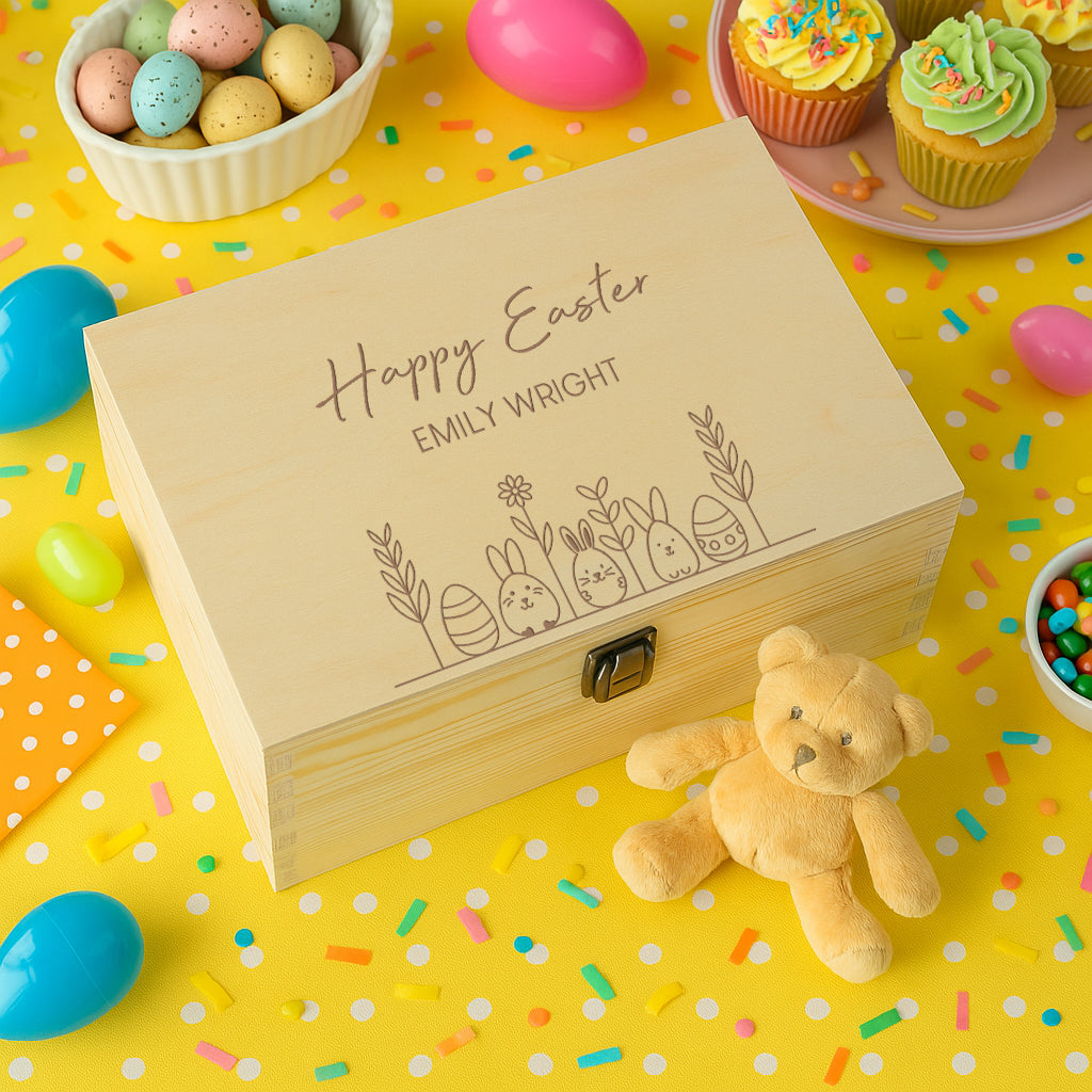 Personalised Easter Bunnies Large Wooden Memory Box - Wooden Keepsake Box