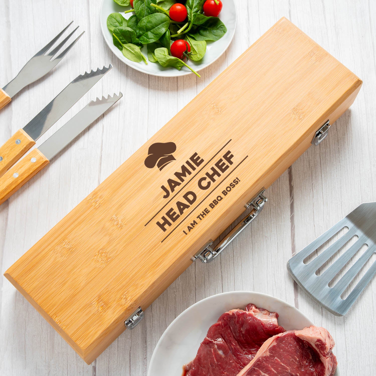 Personalised Head Chef Wooden BBQ Tool Set - BBQ Sets