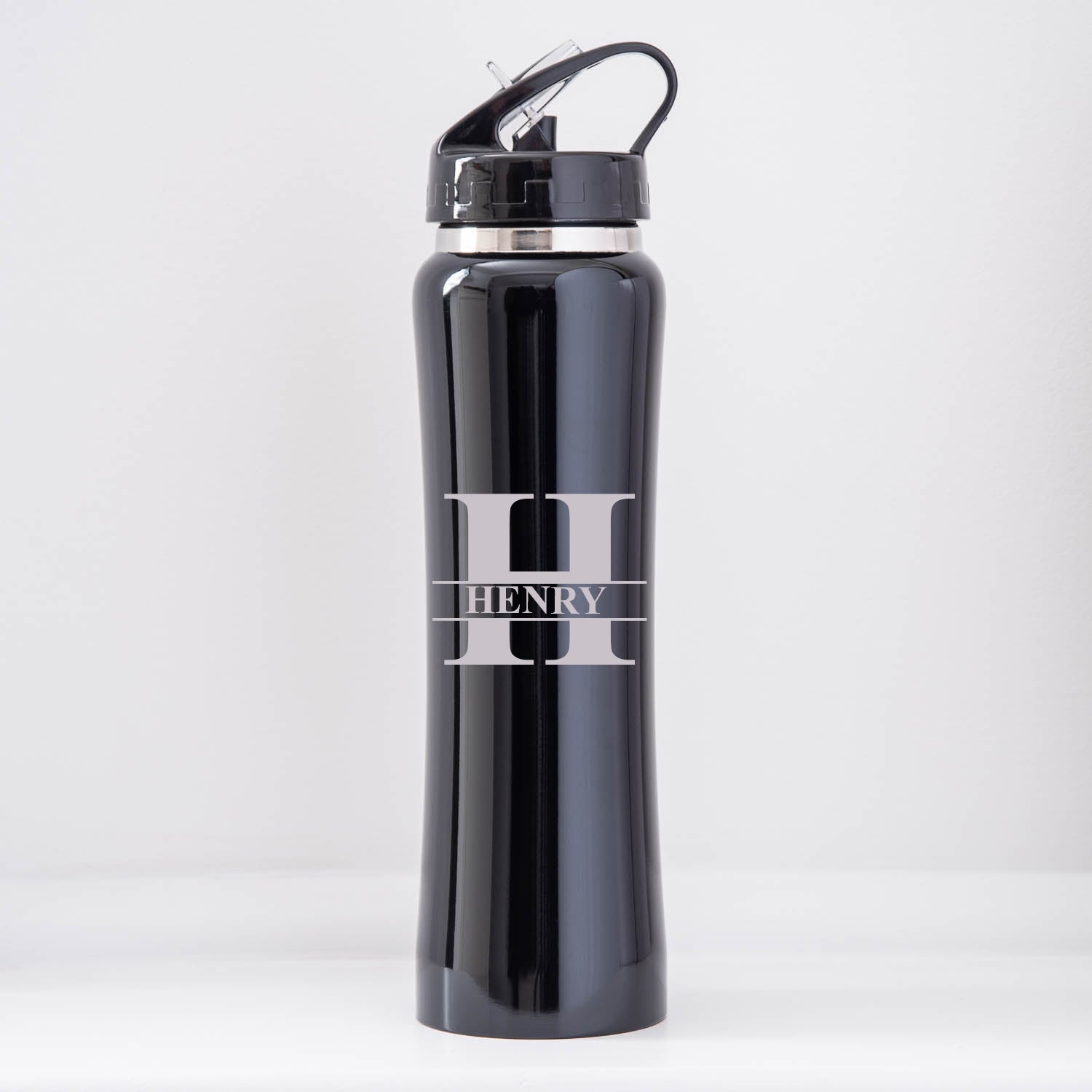 Personalised Initial & Name Sports Style Thermos Water Bottle - Black - Thermos Water Bottles