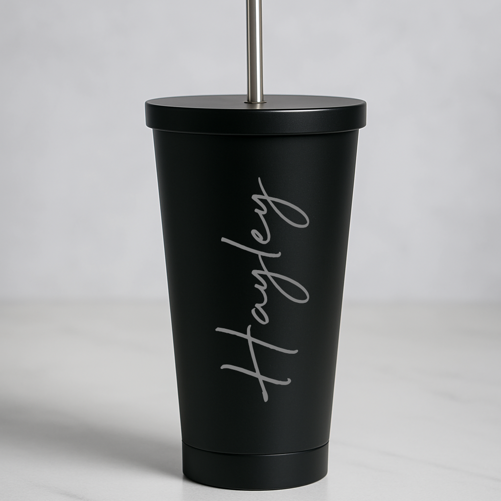 Personalised Large Name 550ml Insulated Travel Cup With Straw - Black - Travel Mugs
