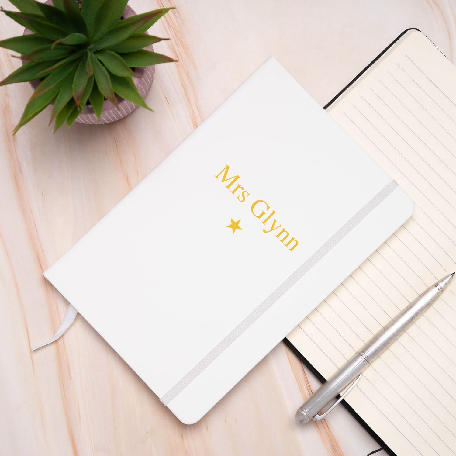 Personalised Yellow Star PU A5 Notebook - White - Notebook