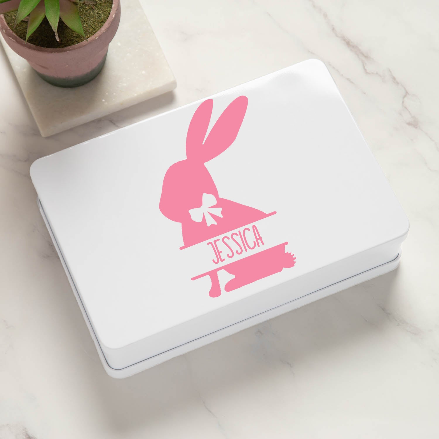 Personalised Pink Bunny White Metal Storage Tin