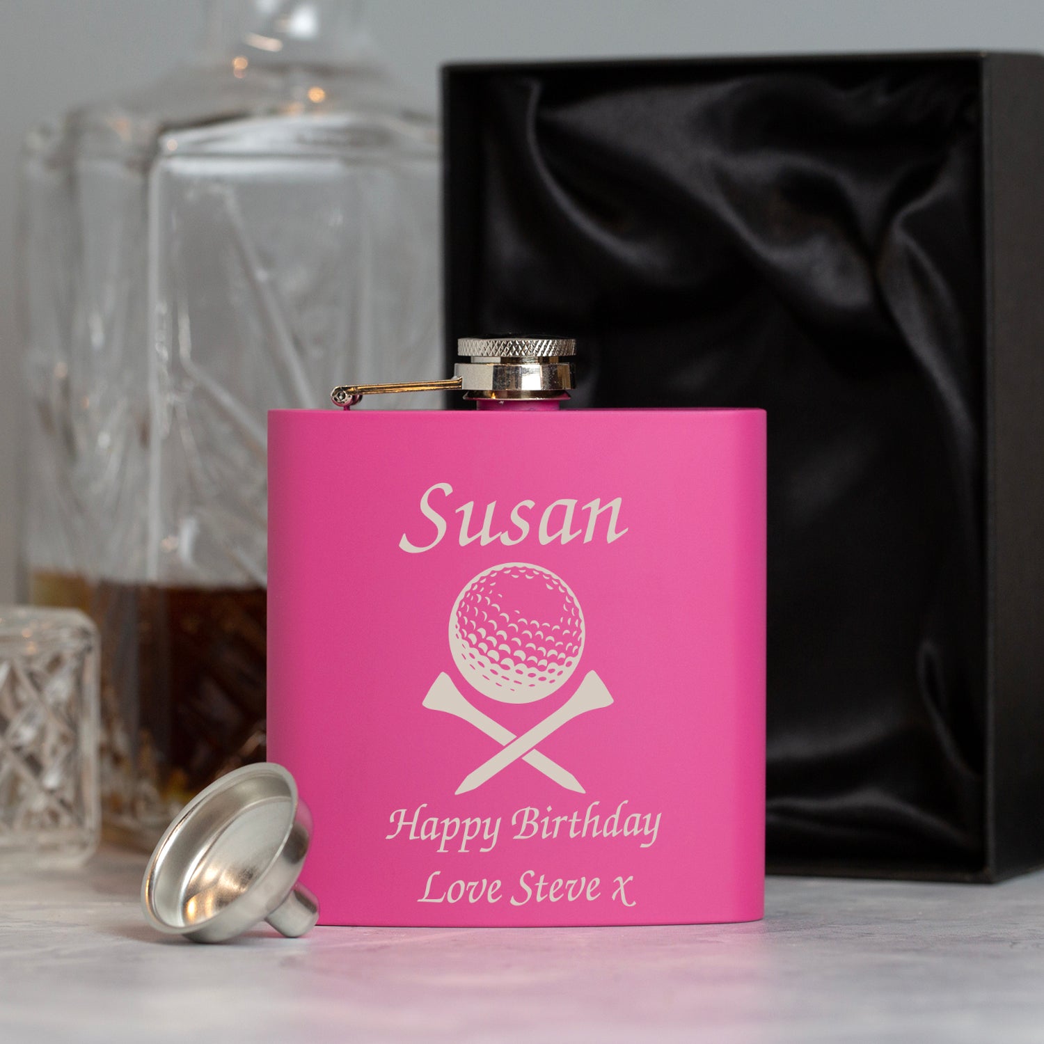 Personalised Golf & Tees 6oz Pink Hip Flask - Hip Flasks