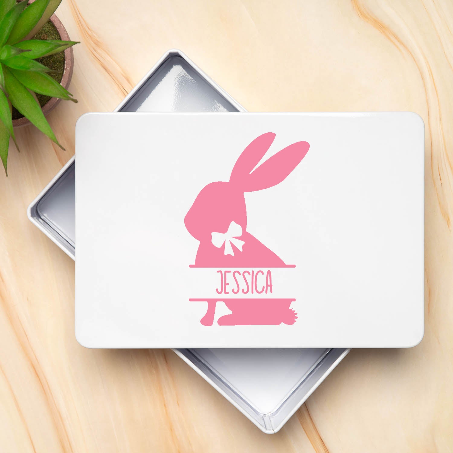 Personalised Pink Bunny White Metal Storage Tin