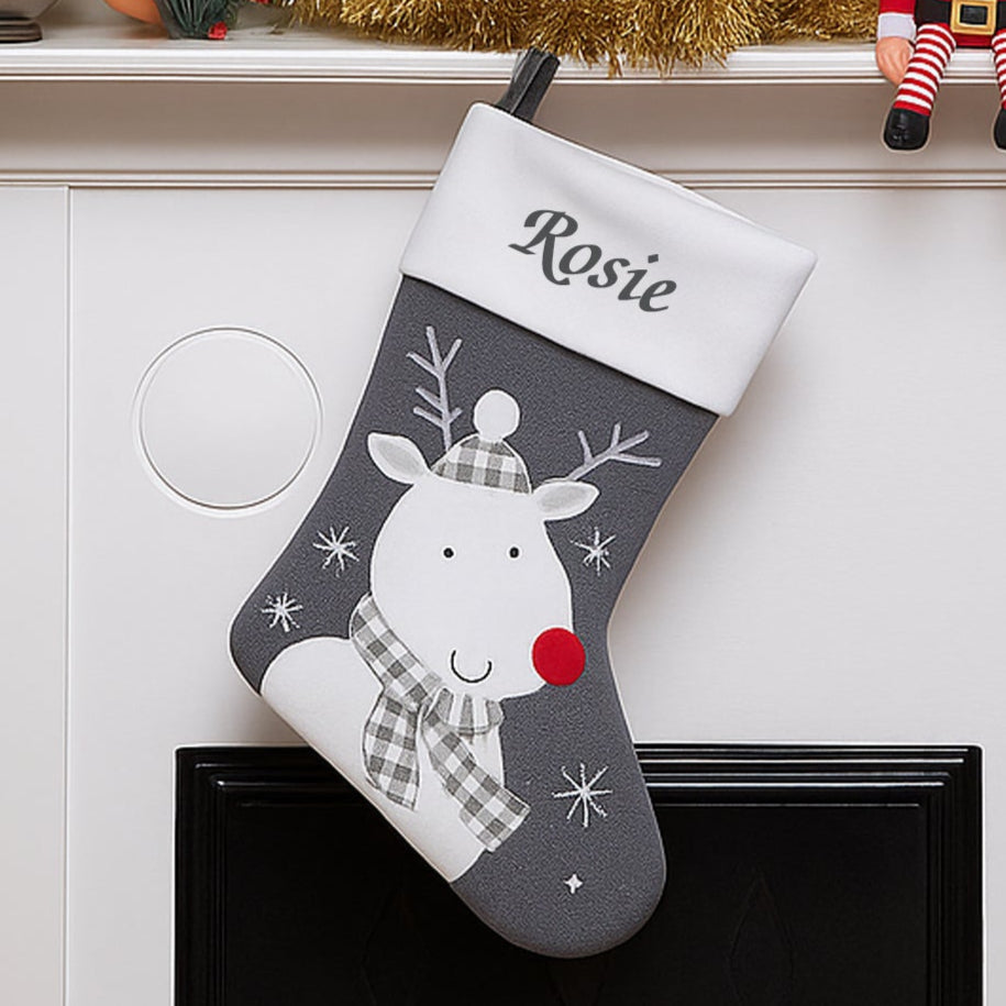Personalised Reindeer Grey Deluxe Christmas Stocking - Stockings