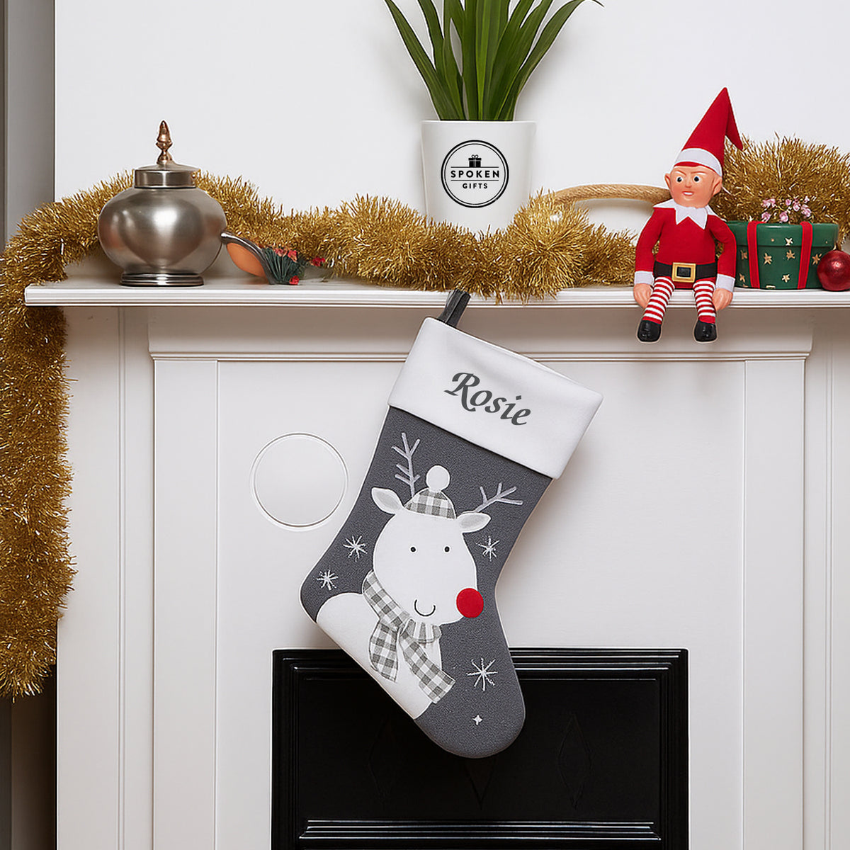 Personalised Reindeer Grey Deluxe Christmas Stocking - Stockings