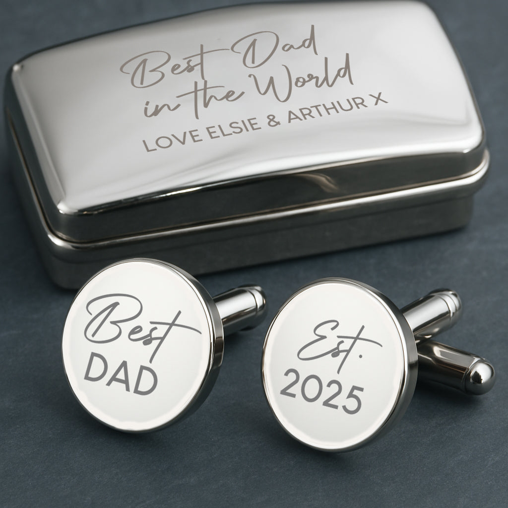 Personalised Best Dad In The World Cufflinks & Gift Box - Silver Plated Round - Cufflinks