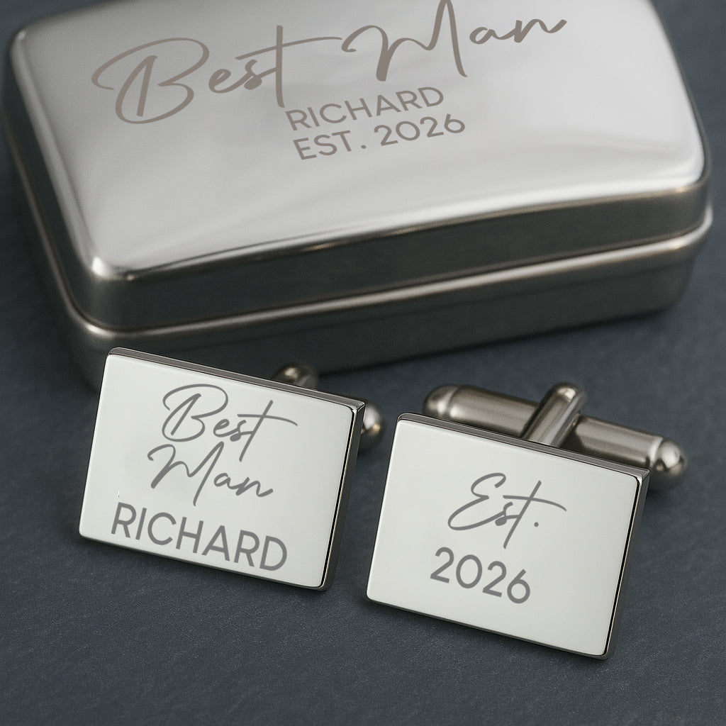 Personalised Best Man Cufflinks & Gift Box - Silver Plated Rectangle - Cufflinks