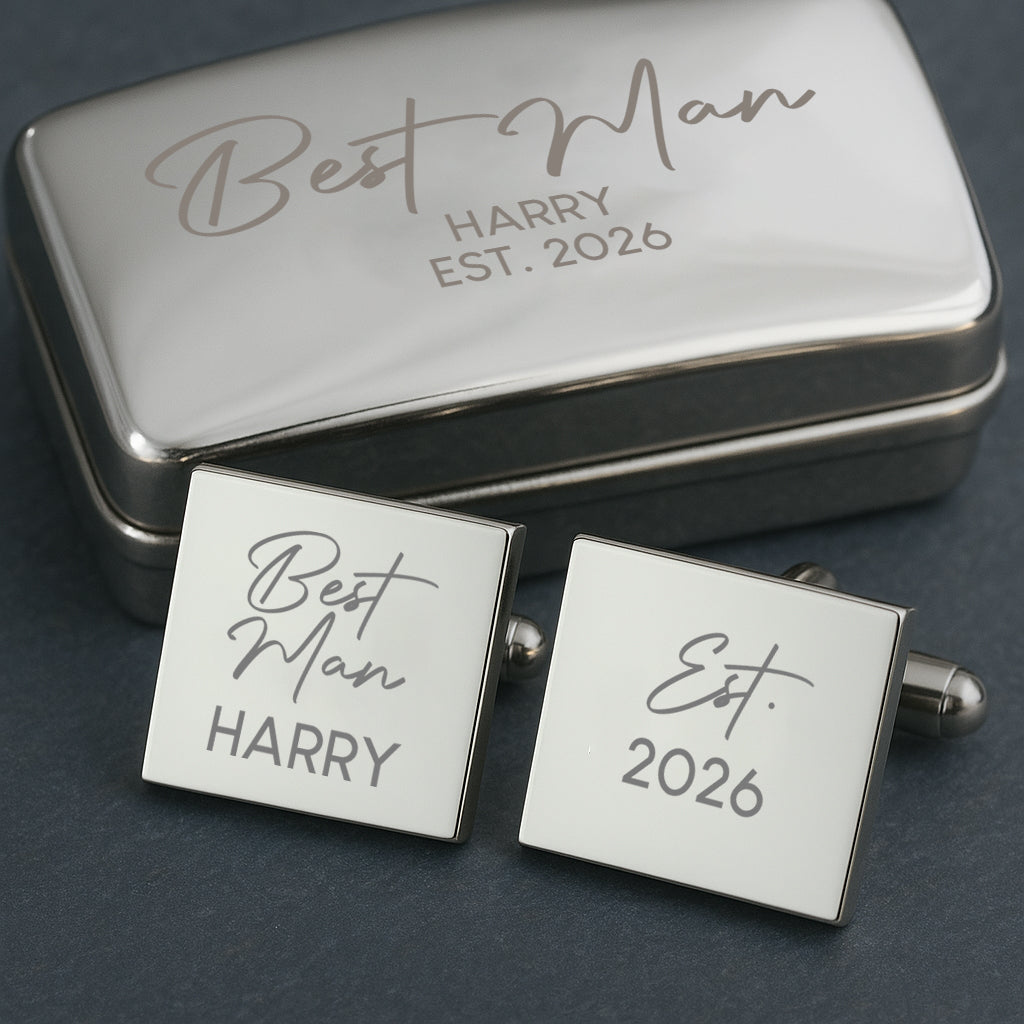 Personalised Best Man Cufflinks & Gift Box - Silver Pleated Square - Cufflinks