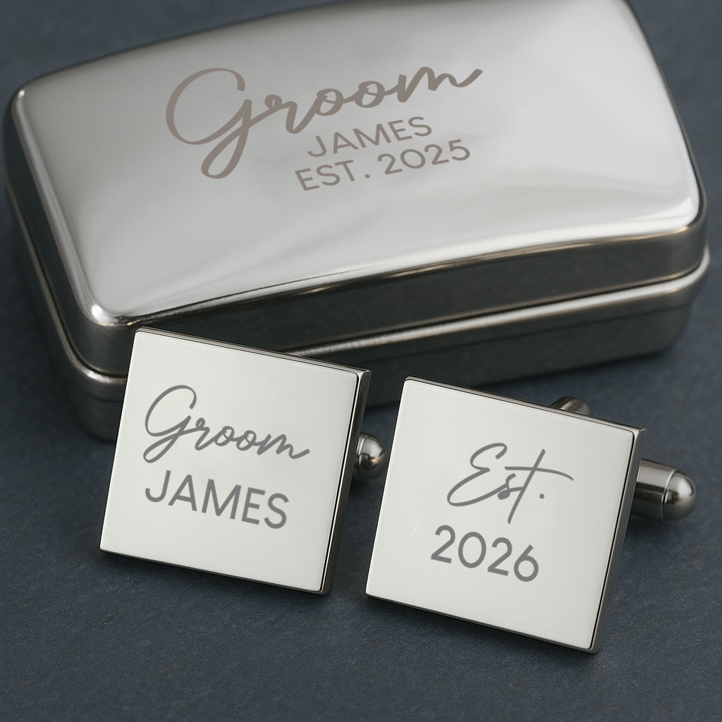 Personalised Groom Cufflinks & Gift Box - Silver Plated Square - Cufflinks