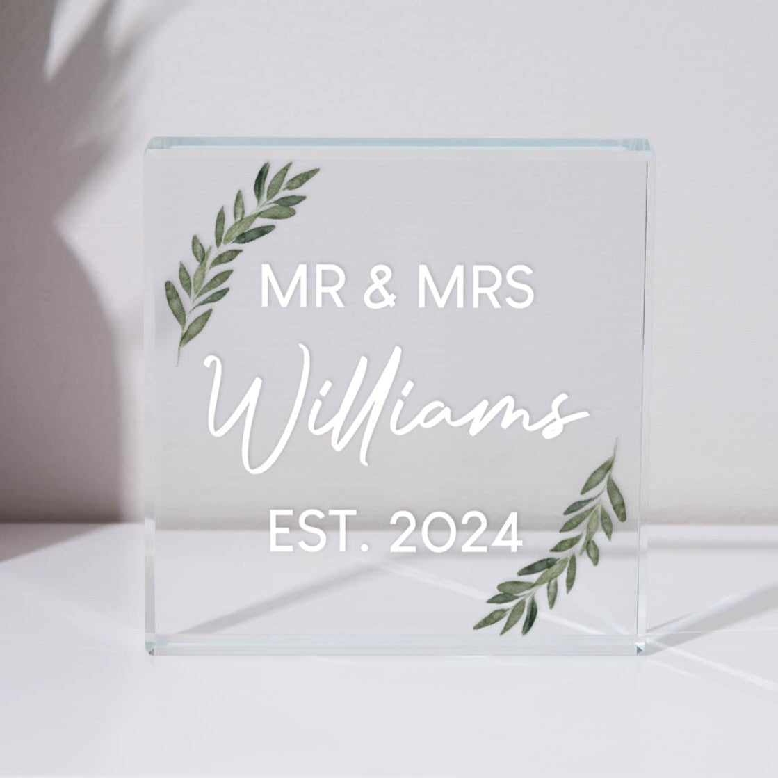 Personalised Mr & Mrs Floral Glass Square Block - Glass Block