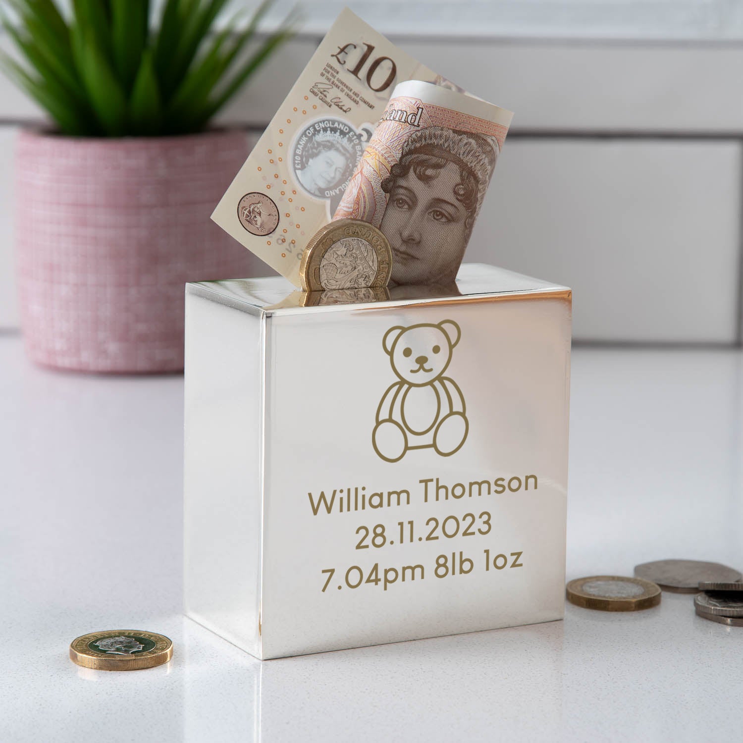 Personalised Teddy Bear Square Money Box - Money Boxes