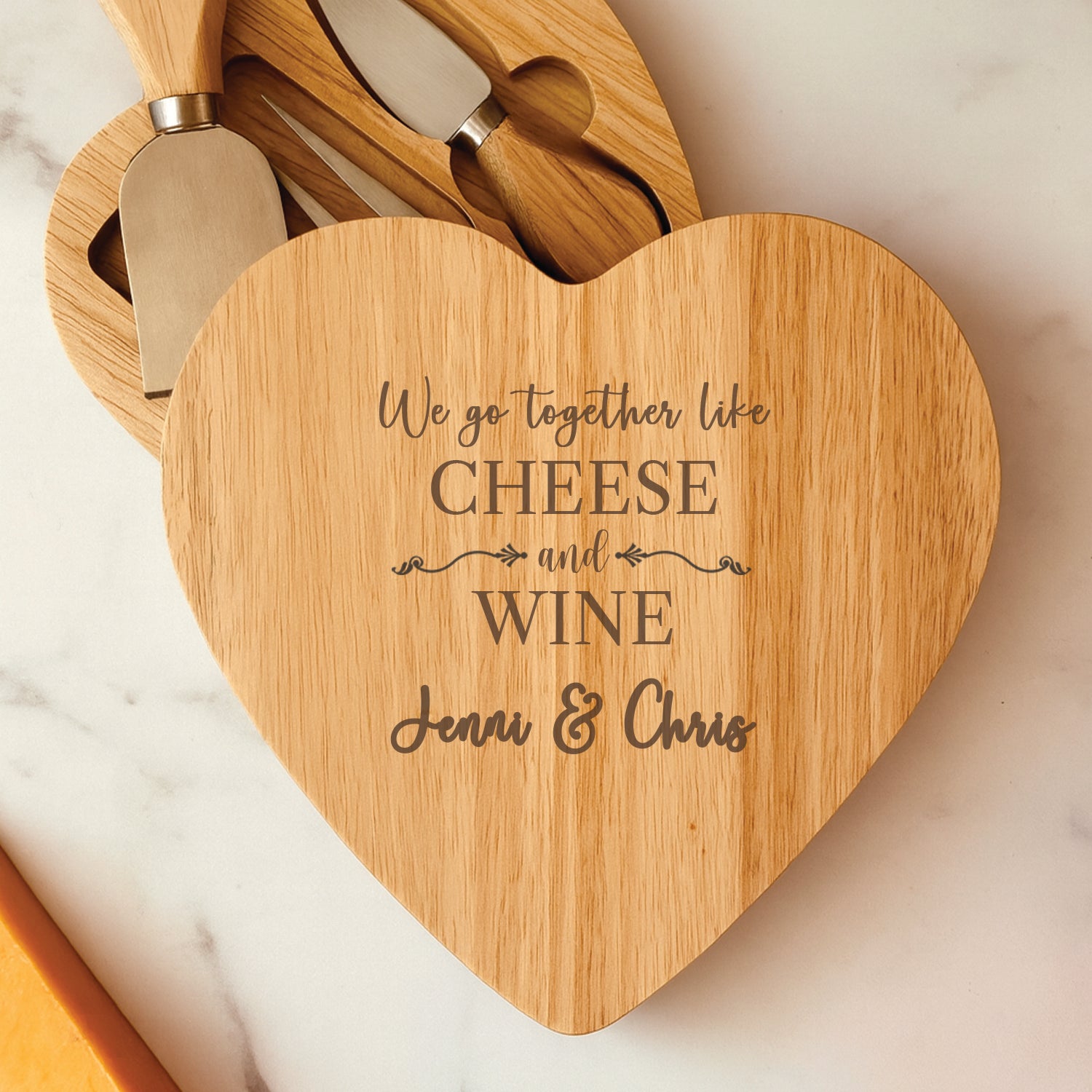 Personalised We Go Together Like Heart Cheese & Wine Board and Knives Set - Cheeseboard Sets