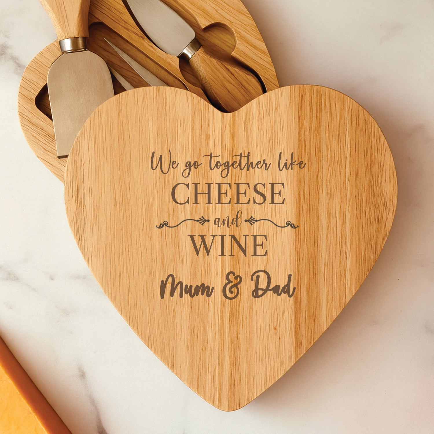Personalised We Go Together Like Heart Cheese & Wine Board and Knives Set - Cheeseboard Sets