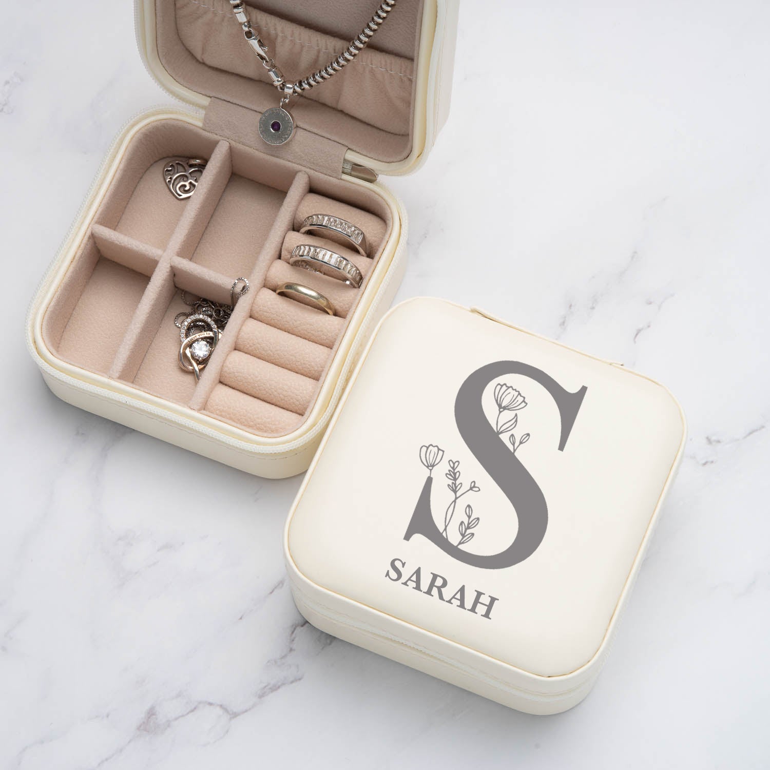 Personalised Initial & Name Cream Jewellery Box
