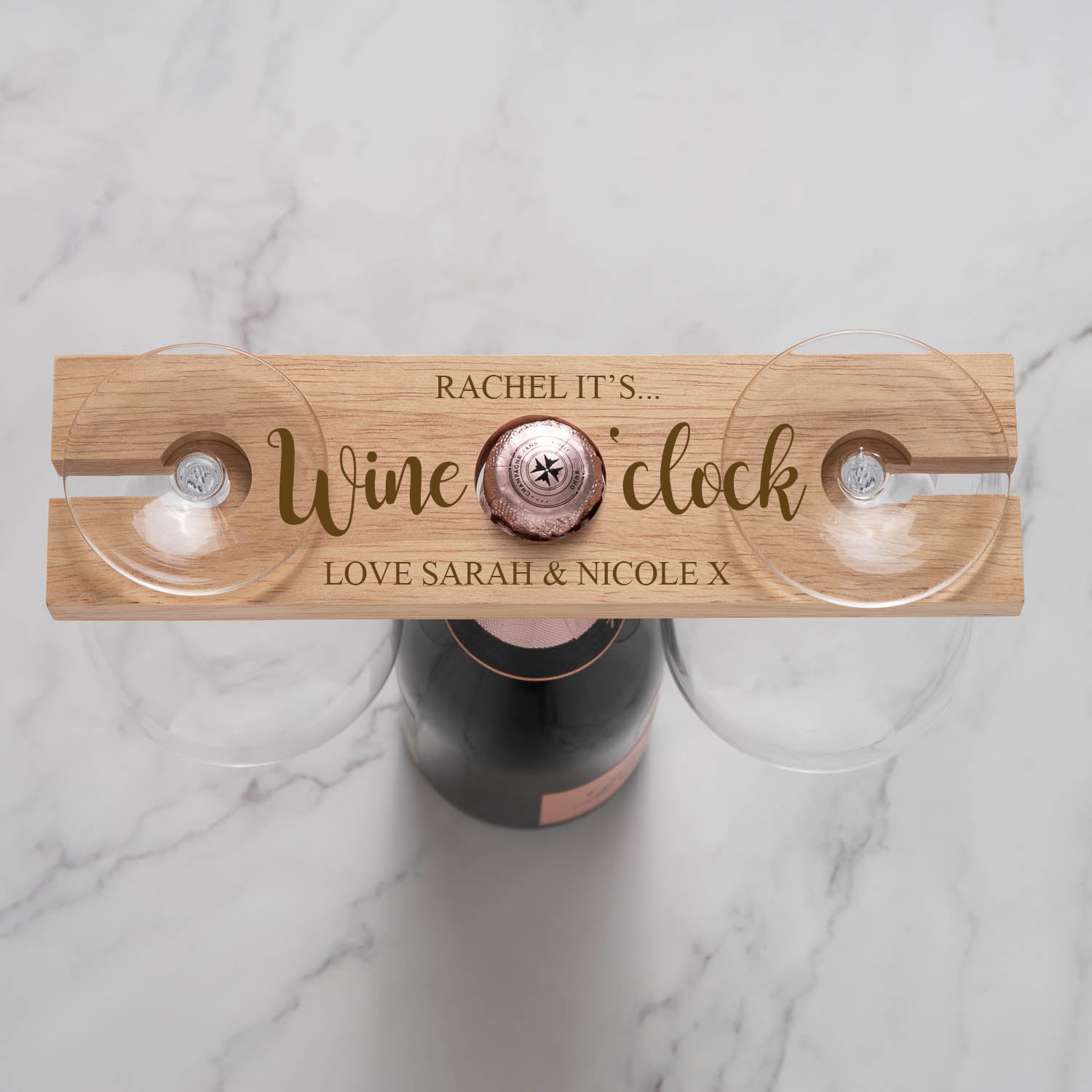 Personalised Wine O’Clock Wooden Wine Glass & Bottle Holder