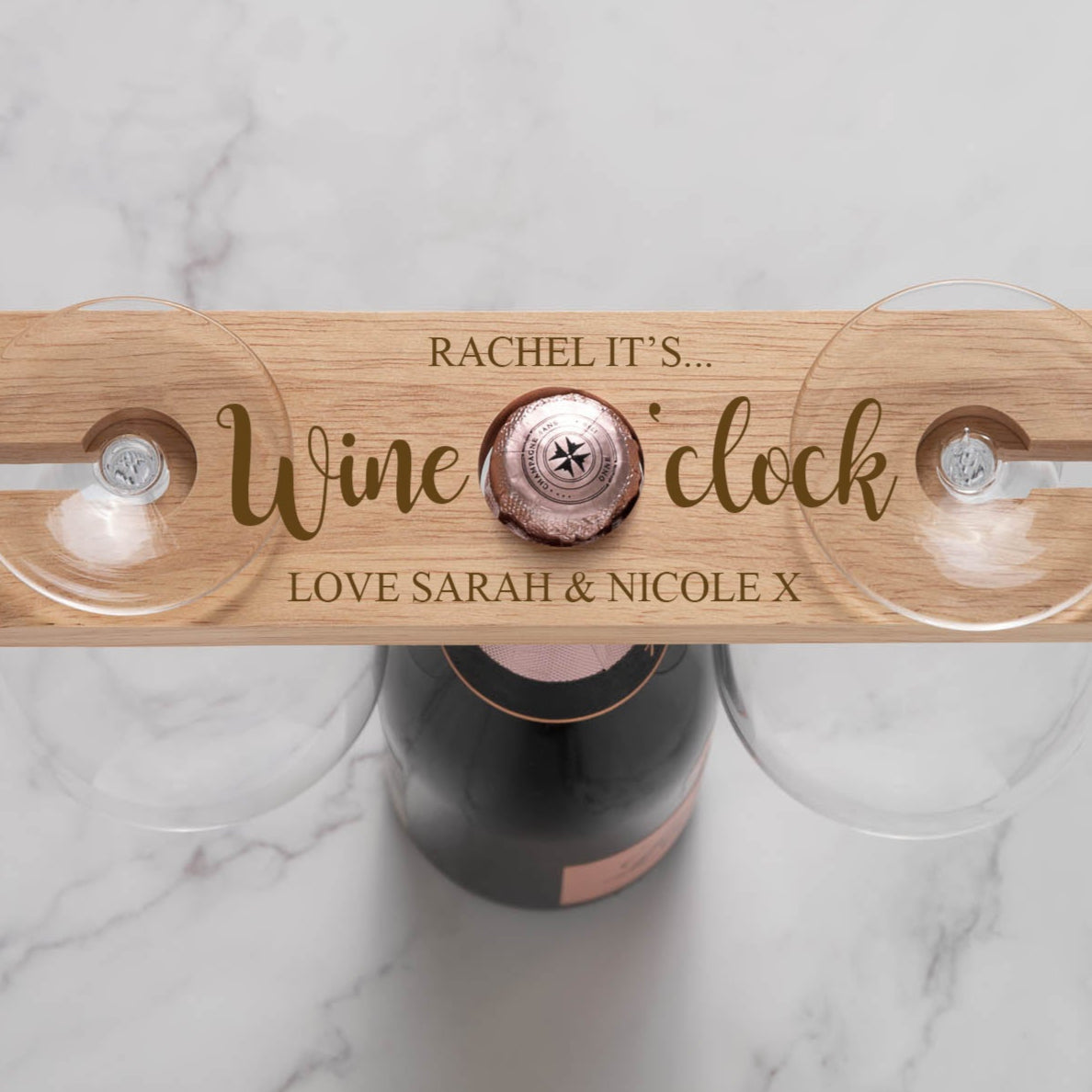 Personalised Wine O’Clock Wooden Wine Glass & Bottle Holder