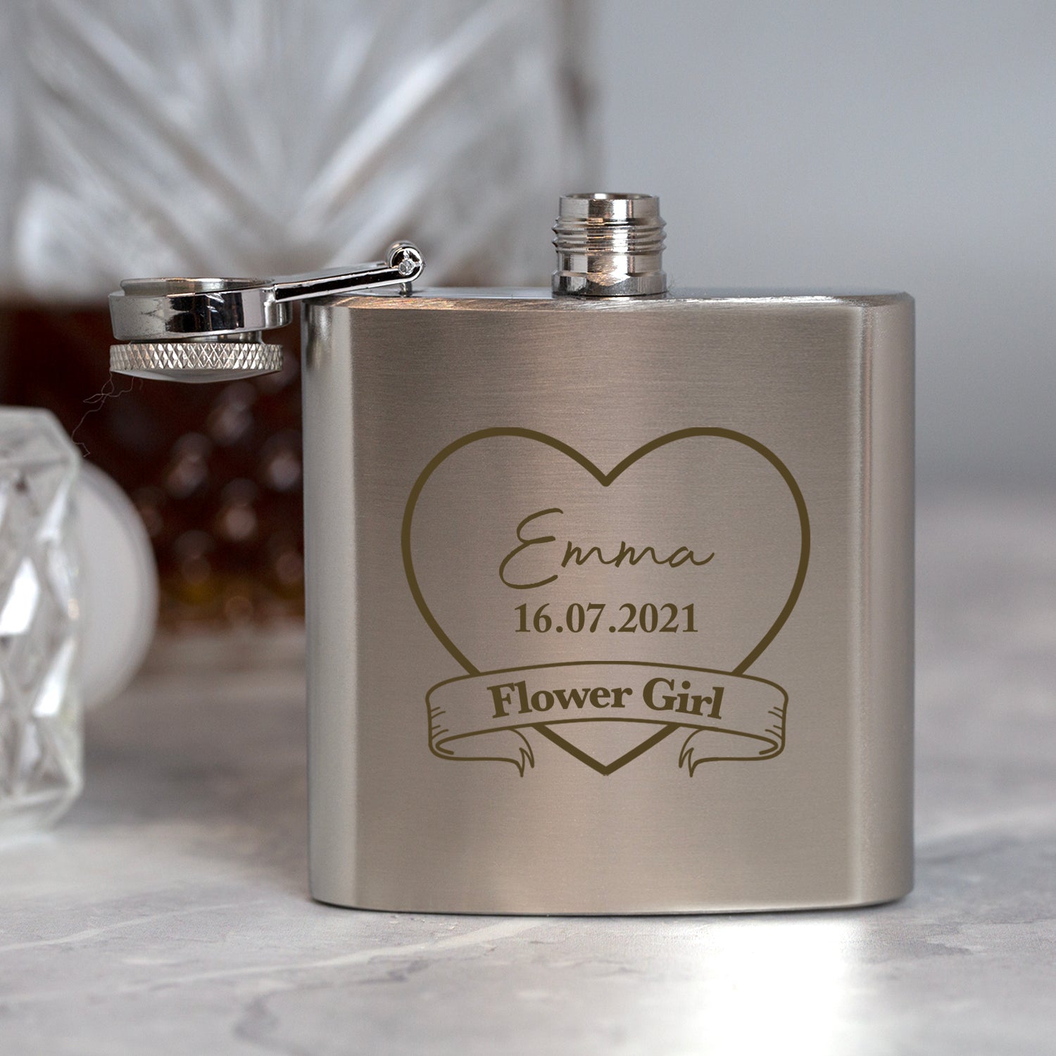 Personalised 3oz Silver Flower Girl Hip Flask In Pink Silk Gift Box - Hip Flasks