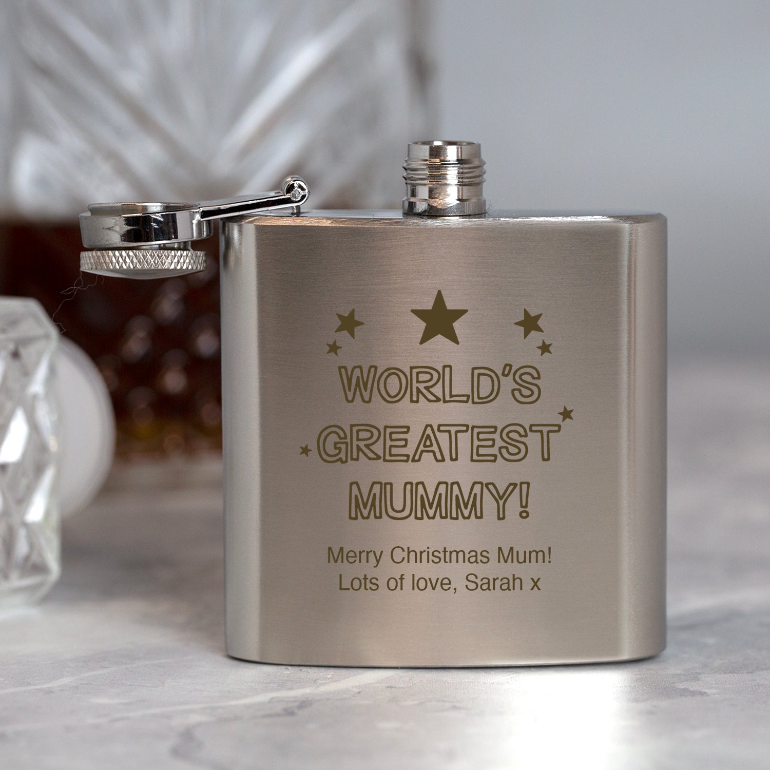 Personalised 3oz Silver World’s Greatest Mummy Hip Flask In Pink Silk Gift Box - Hip Flasks