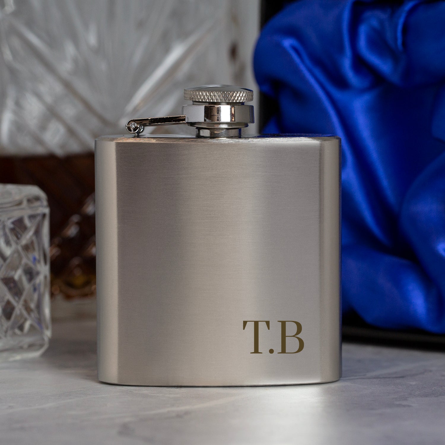 Personalised 3oz Silver Initials Hip Flask In Blue Silk Gift Box - Hip Flasks