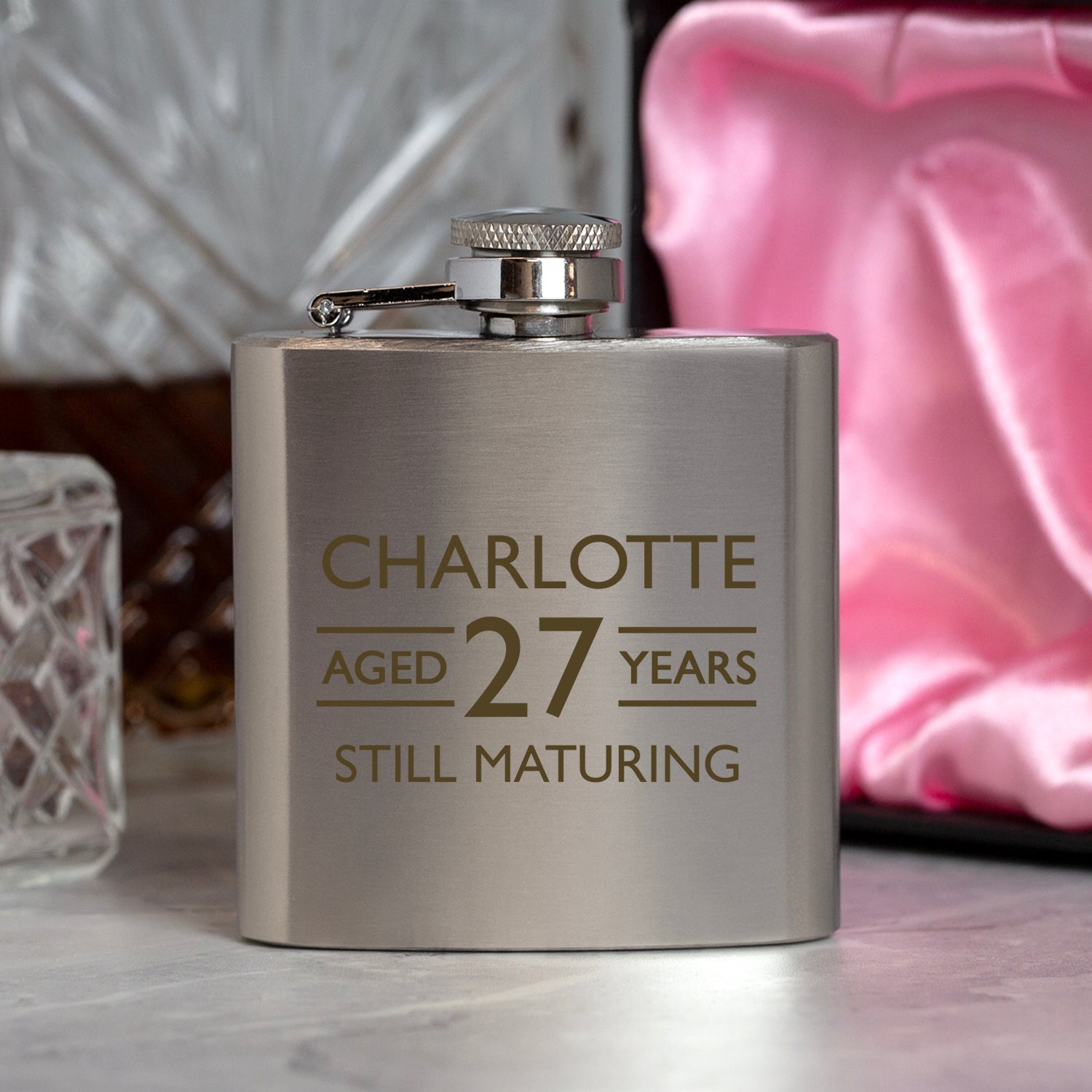Personalised 3oz Silver Aged Birthday Hip Flask In Pink Silk Gift Box - Hip Flasks