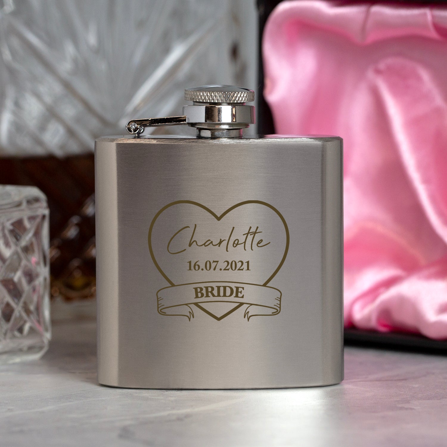 Personalised 3oz Silver Bride Hip Flask In Pink Silk Gift Box - Hip Flasks