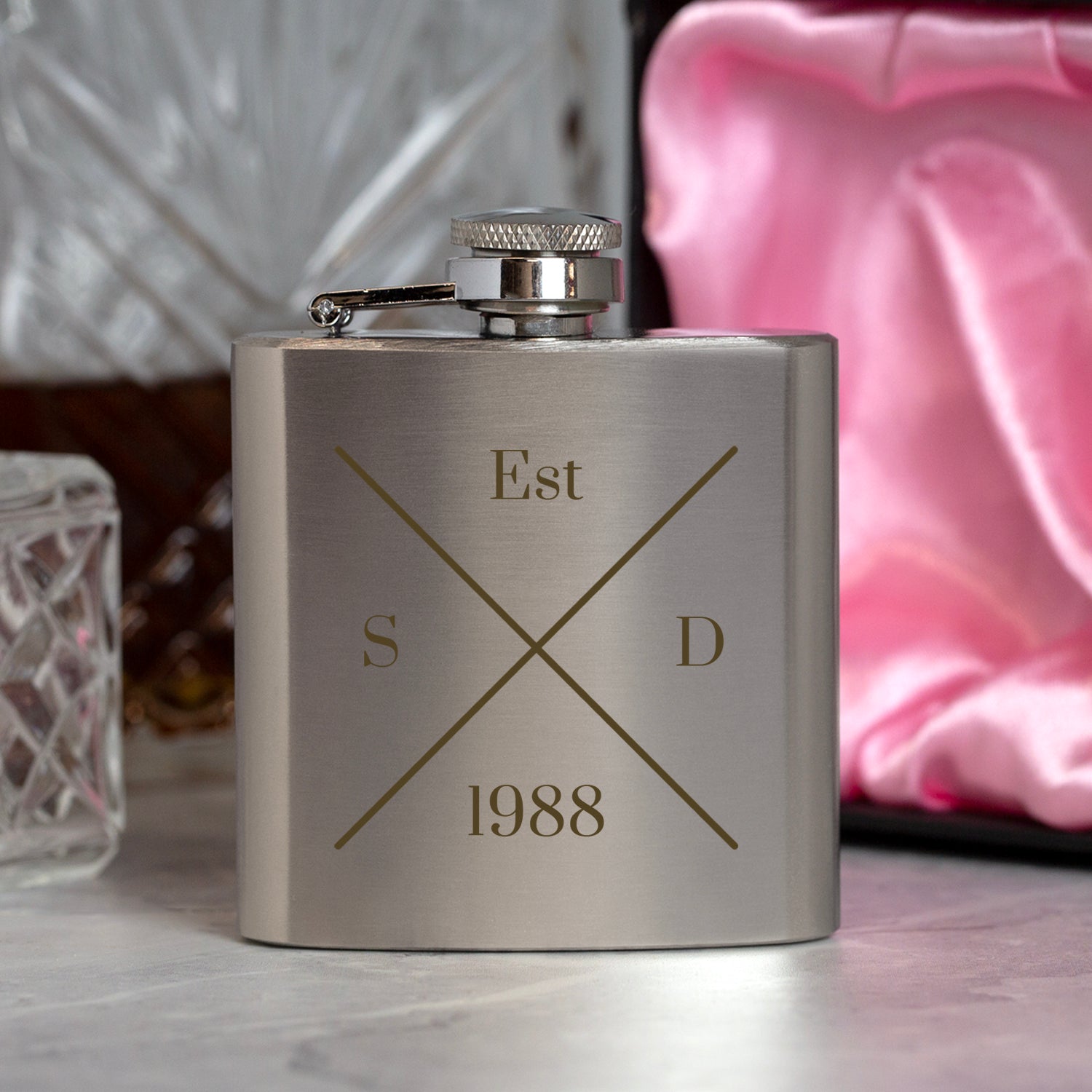 Personalised 3oz Silver Established Hip Flask In Pink Silk Gift Box - Hip Flasks