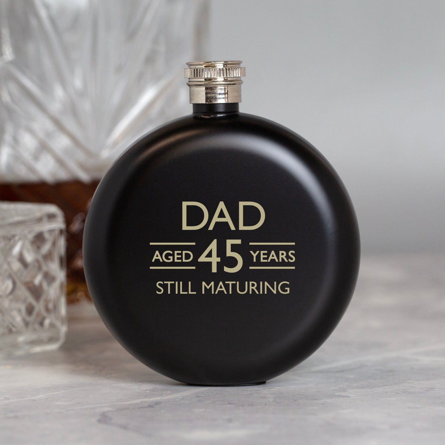 Personalised 5oz Round Black Aged Birthday Hip Flask - Hip Flasks