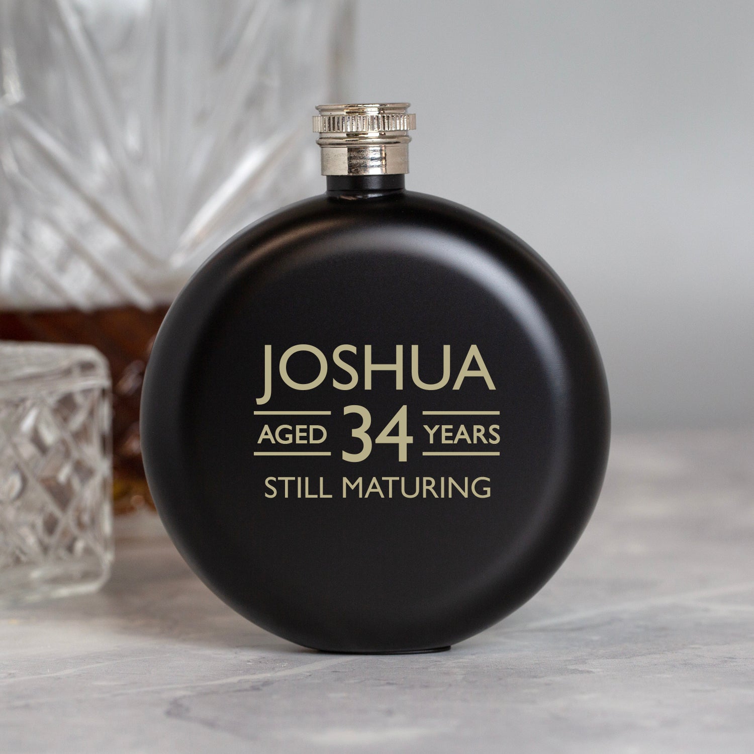 Personalised 5oz Round Black Aged Birthday Hip Flask - Hip Flasks