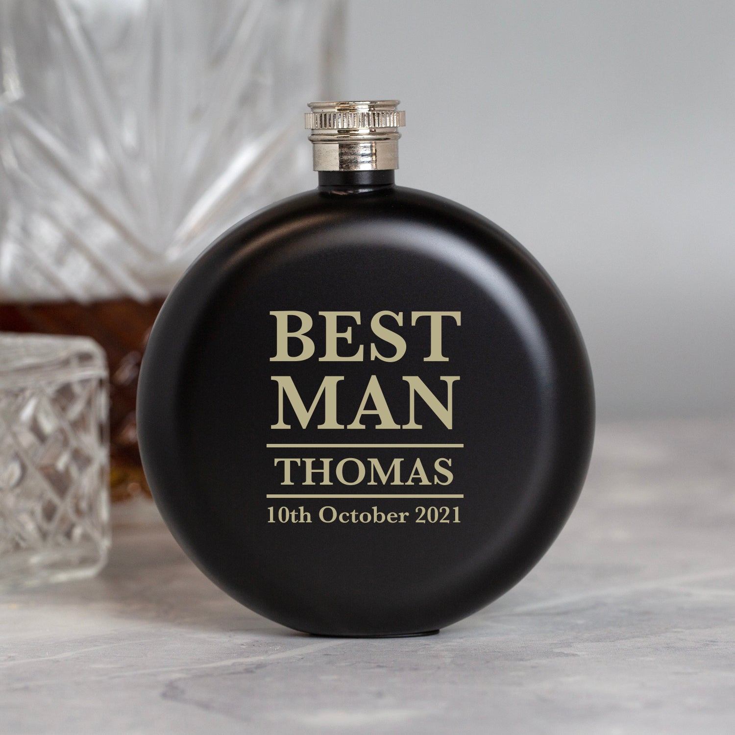 Personalised 5oz Round Black Best Man Wedding Hip Flask - Hip Flasks