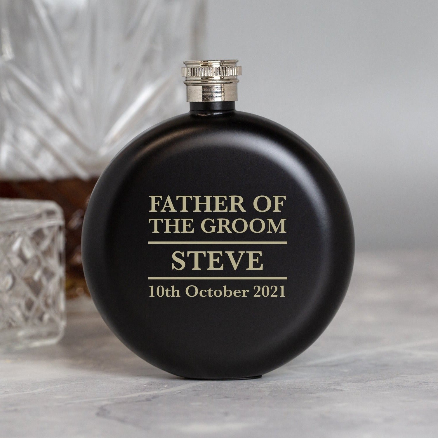Personalised 5oz Round Black Father Of The Groom Wedding Hip Flask - Hip Flasks