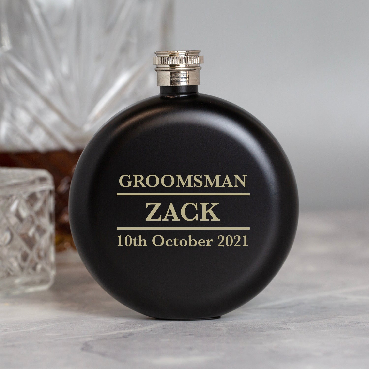 Personalised 5oz Round Black Groomsman Wedding Hip Flask - Hip Flasks