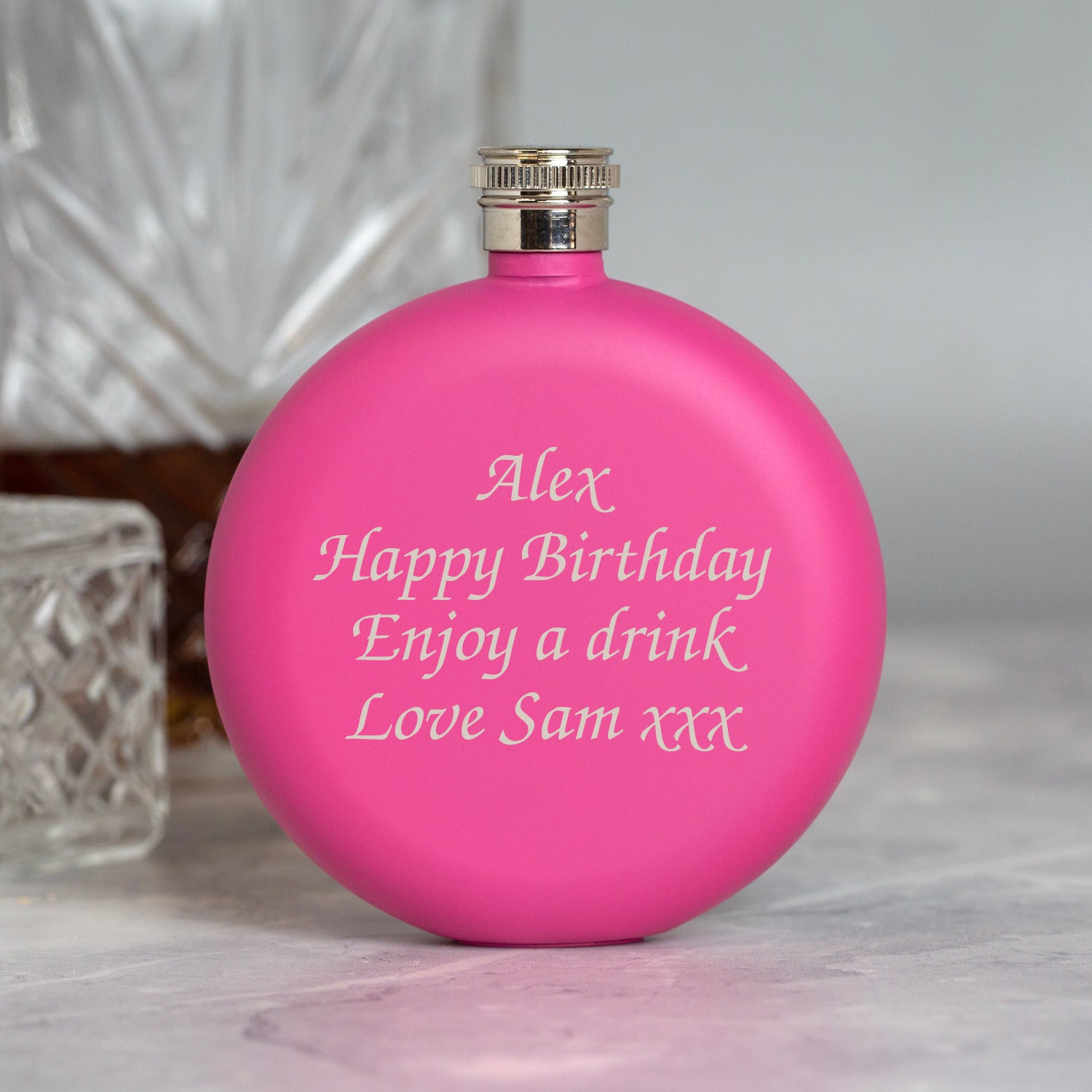 Personalised 5oz Round Pink Hip Flask - Hip Flasks