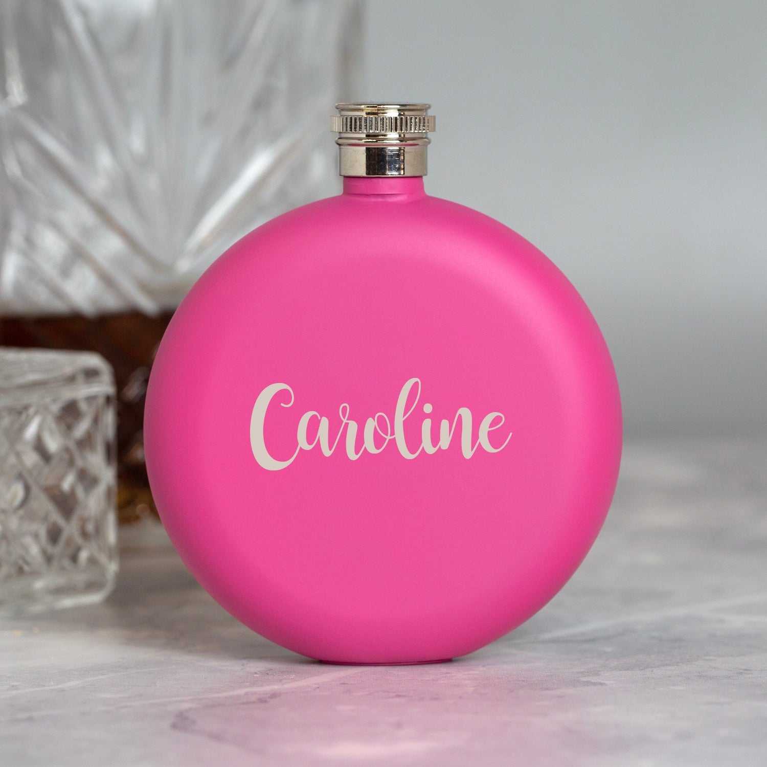 Personalised 5oz Round Pink Name Hip Flask - 6oz Pink Flasks