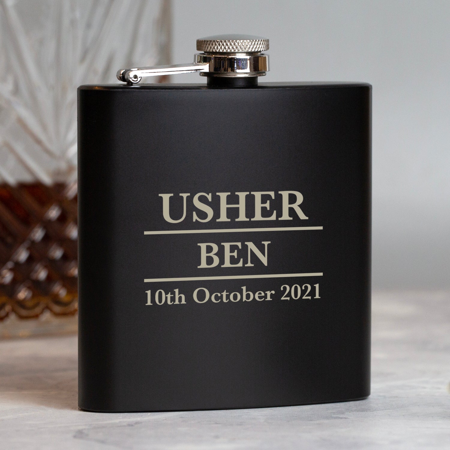 Personalised 6oz Black Usher Wedding Hip Flask - Hip Flasks
