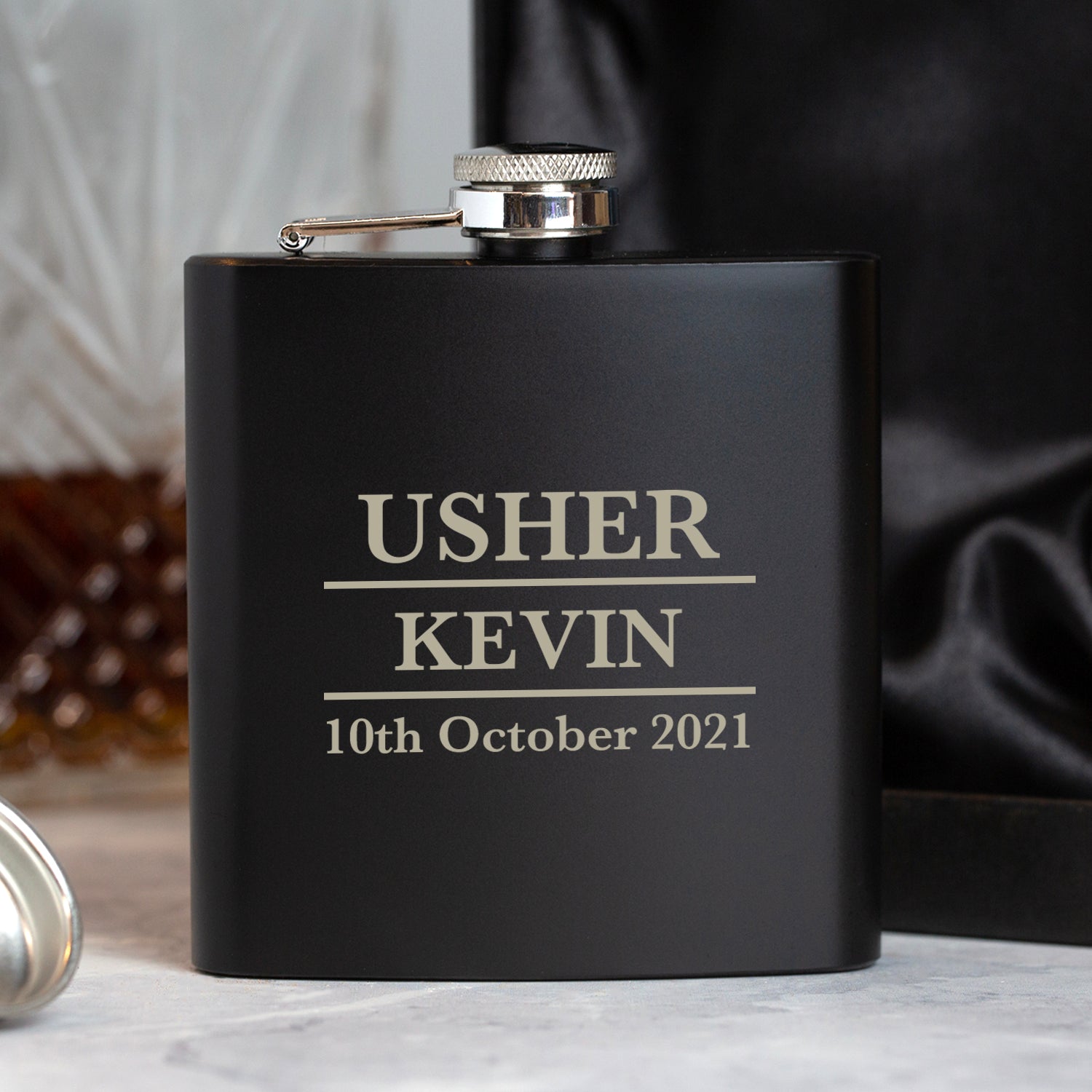 Personalised 6oz Black Usher Wedding Hip Flask - Hip Flasks