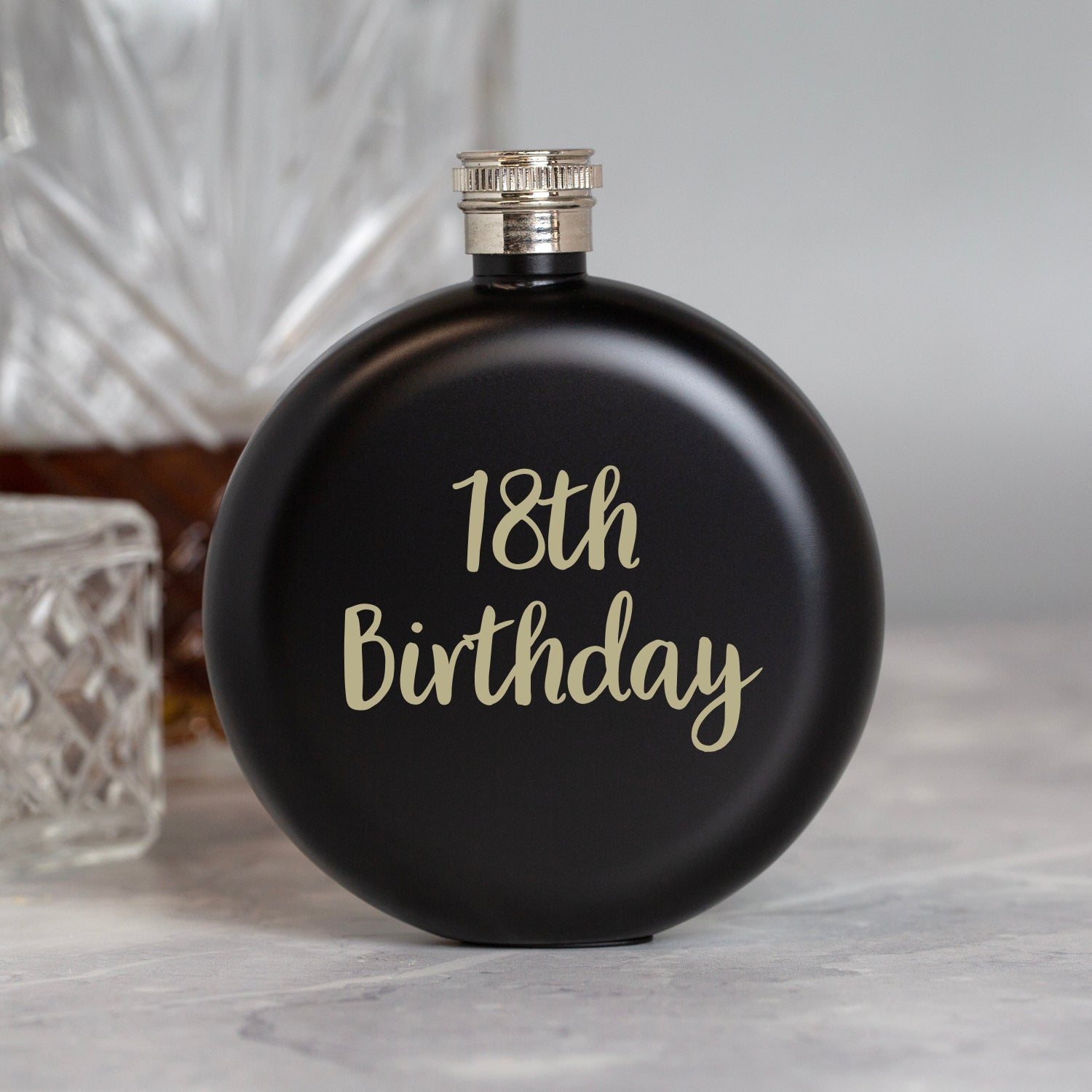 Engraved 5oz Round Black 18th Birthday Hip Flask - Hip Flasks