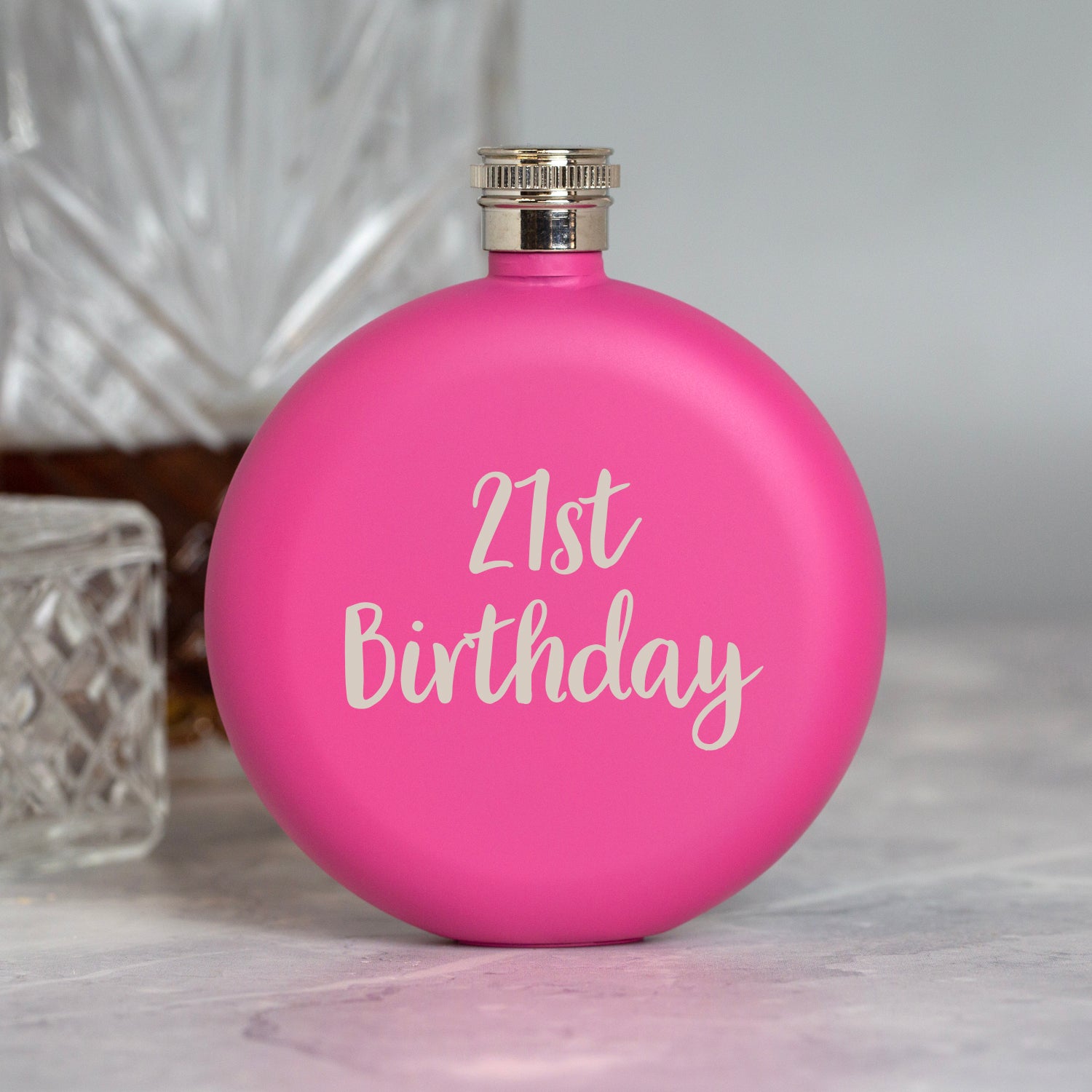 Engraved 5oz Round Pink 21st Birthday Hip Flask - Hip Flasks