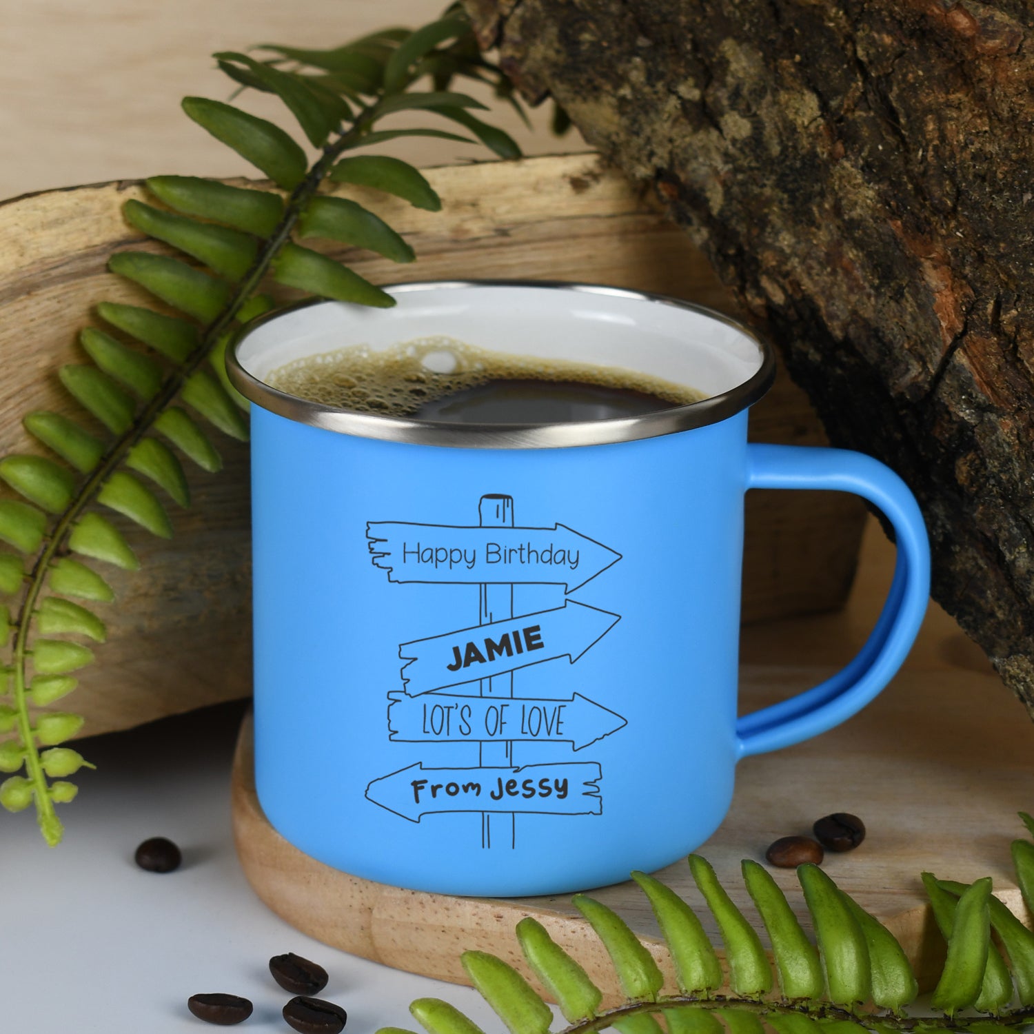 Personalised Signpost Enamel Camping Mug - Light Blue - Mugs