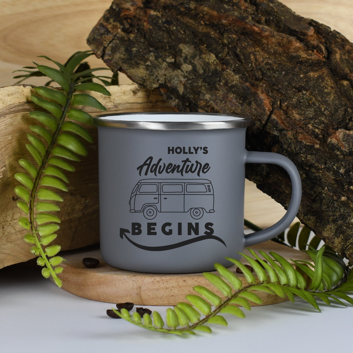 Personalised Adventure Begins Enamel Camping Mug - Grey - Mugs