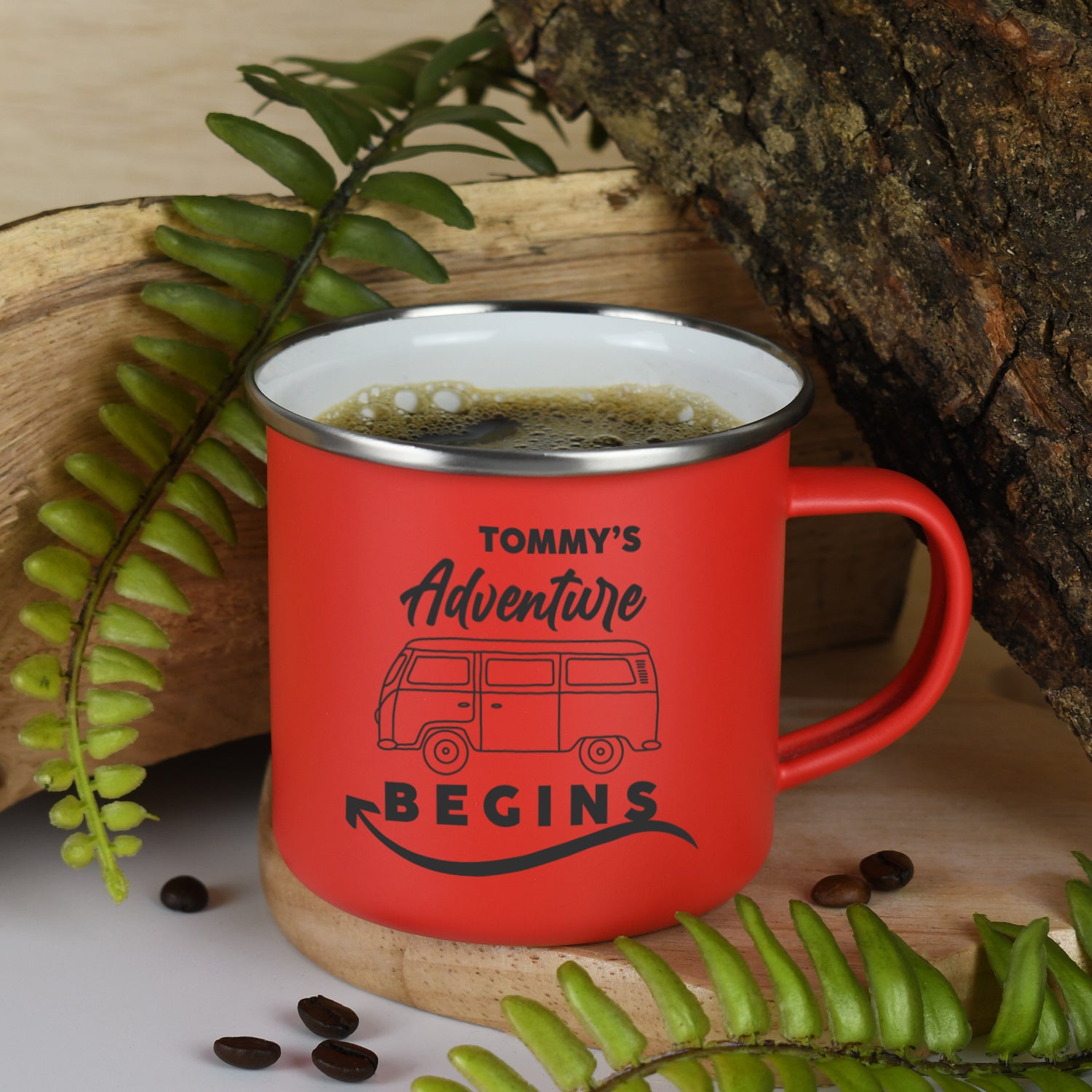 Personalised Adventure Begins Enamel Camping Mug - Red - Mugs