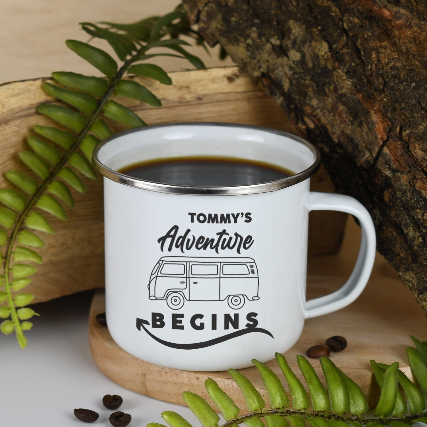 Personalised Adventure Begins Enamel Camping Mug - White - Mugs