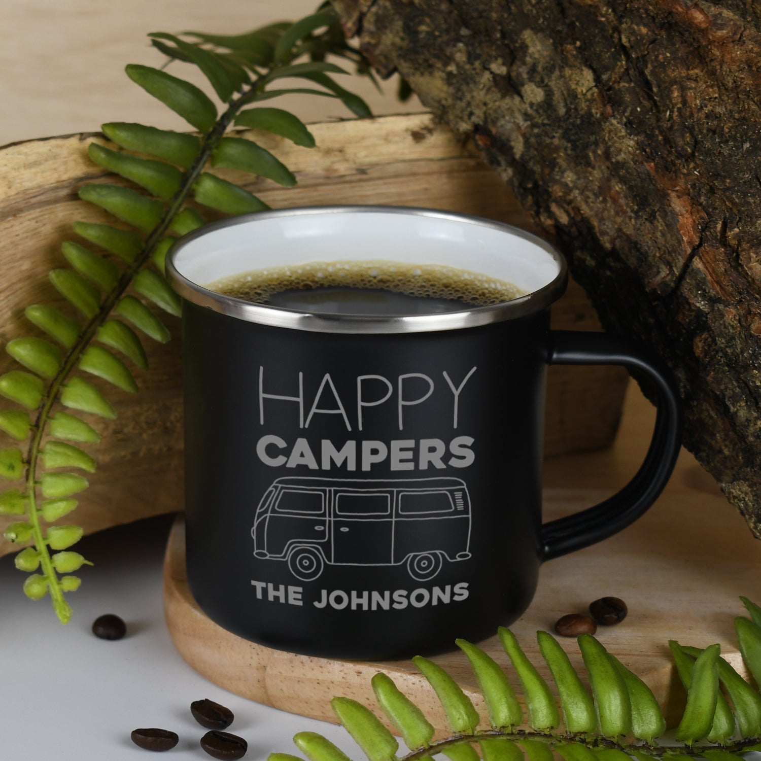 Personalised Happy Campers Enamel Camping Mug - Black - Mugs