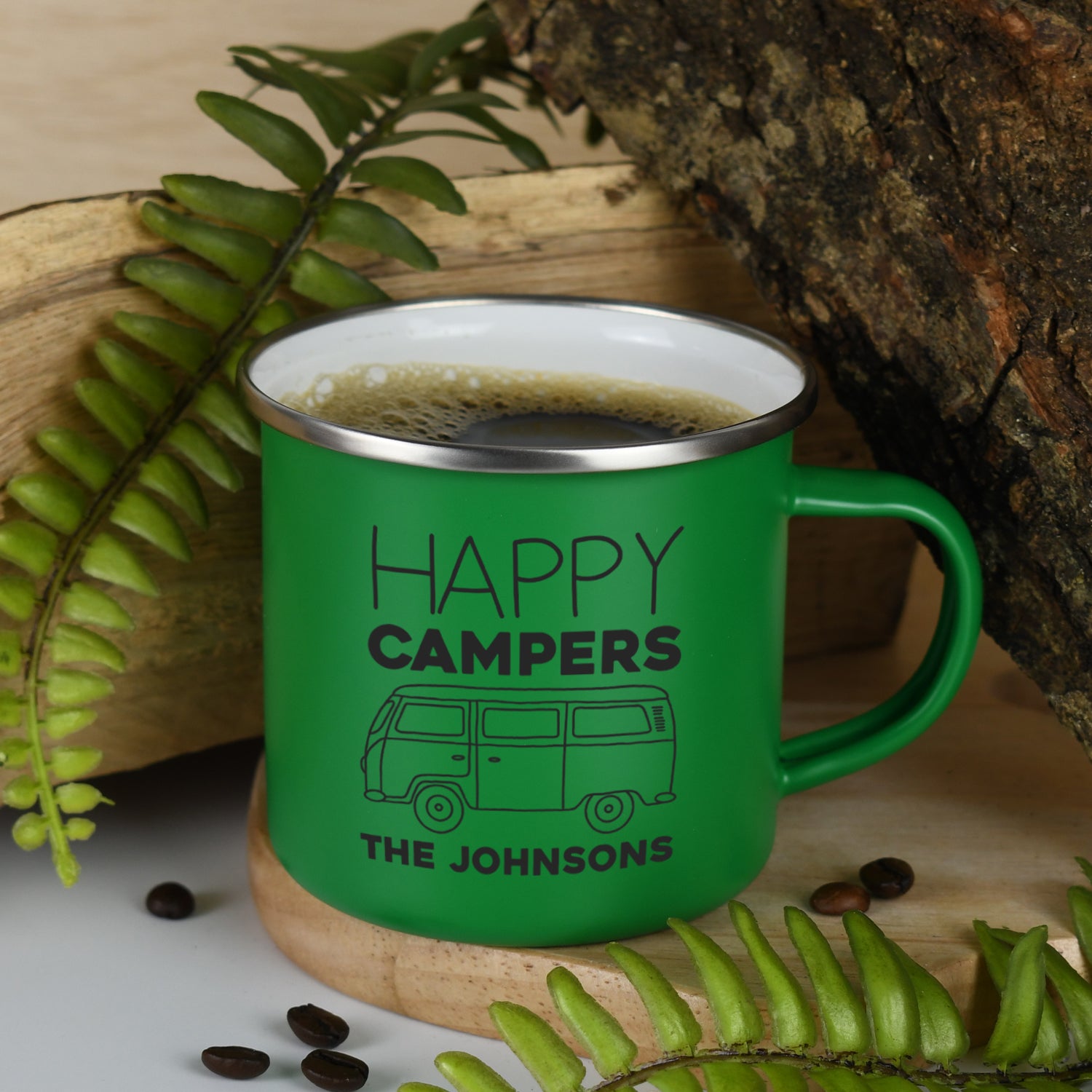 Personalised Happy Campers Enamel Camping Mug - Green - Mugs