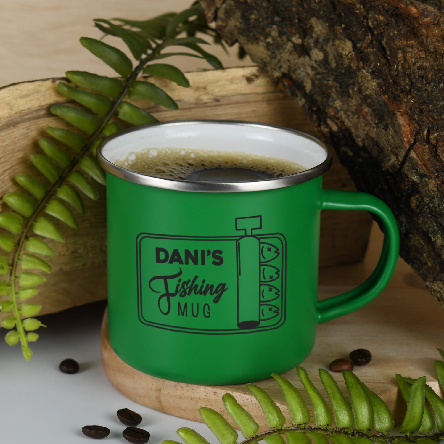 Personalised Fishing Enamel Camping Mug - Green - Mugs
